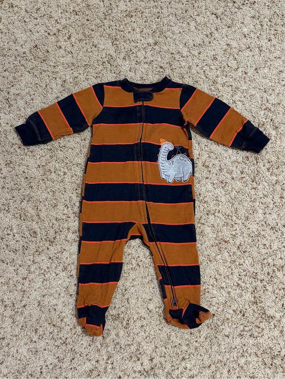 Carter's Baby Two-Way Zip, Footed Navy/Rust Striped Dino Onesie. Size 9mos. NWOT